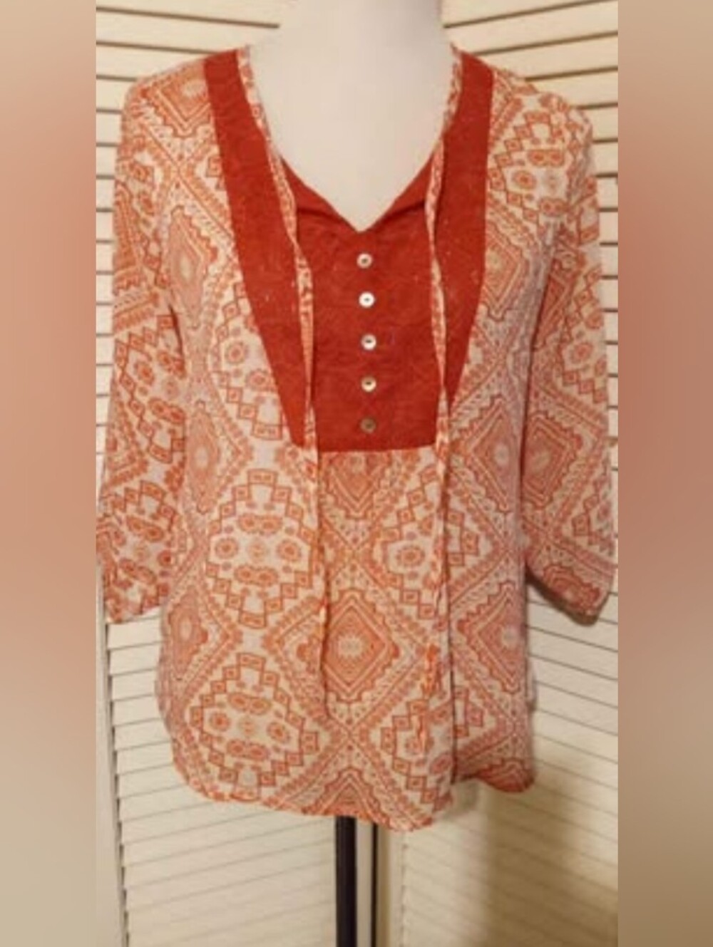 No Boundaries Boho Coral Geometric Lace Yoke Blouse
